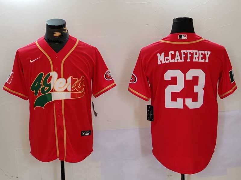 Mens San Francisco 49ers #23 Christian McCaffrey Red With Patch Cool Base Stitched Baseball Jersey